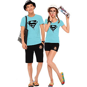 Bộ Áo Thun Đôi Nam Nữ Siêu Nhân Màu Xanh Thiên Thanh