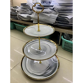 Khay sứ 2 tầng, 3 tầng đựng bánh kẹo hình tròn màu trắng xoáy ghi