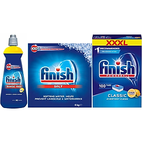 Combo Viên rửa bát Finish Classic 100 viên + Muối Finish 4.0kg + Nước làm bóng Finish 400ml