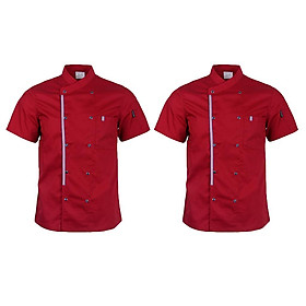 2 Pcs Chef Women's Jackets Men Coat Short Sleeve Shirt Kitchen Uniforms, Red