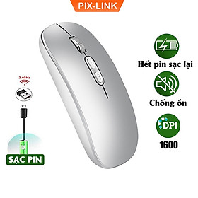 Chuột Không Dây PIX-LINK P103A Pin Sạc USB 2.4GHz DPI 1600, Không Tiếng Ồn Sử Dụng Cho PC, Laptop, Tivi Hàng Chính Hãng - M103 Bạc