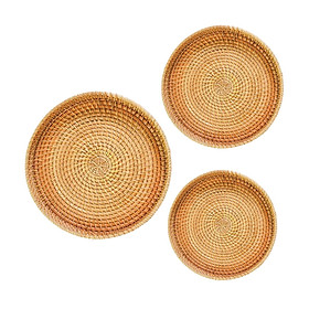 3Pcs Rattan Round Serving Tray Wicker Platter Woven for Drinks Snack Bread