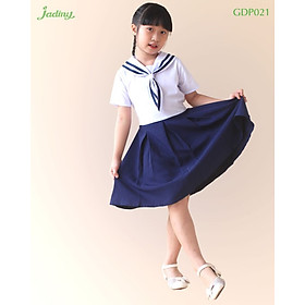 Đầm đi học chất liệu cotton cao cấp, thấm hút mồ hôi,thoáng mát, thoải mái cho bé gái cấp 1 - GDP021 cổ hải quân 1 - 8Y 27-30 kg