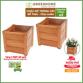 Bộ 2 Chậu gỗ trồng cây Vuông Greenhome - chịu nước tốt, xử lý chống mốc, thân thiện với môi trường - xếp gọn, vận chuyển rất dễ dàng - D30xR30xC30cm (Ngoài trời và sân vườn)