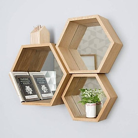 Bộ 3 kệ trang trí treo tường tổ ong hình lục giác bằng gỗ tự nhiên cao cấp VIMOS