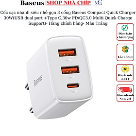 Cốc sạc nhanh siêu nhỏ gọn Baseus Compact Quick Charger 30W(USB dual port +Type C,30w PD/QC3.0 Multi Quick Charge Support)- Hàng chính hãng