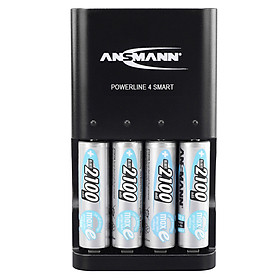 Combo Bộ sạc ANSMANN POWERLINE 4 Smart kèm 4 pin AA-2100mAh - Hàng Nhập Khẩu