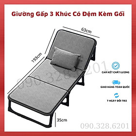 Giường Ngủ Gấp Gọn 3 Khúc Có Đệm Kèm Gối, Giường Xếp Văn Phòng Khung Thép Sơn Tĩnh Điện