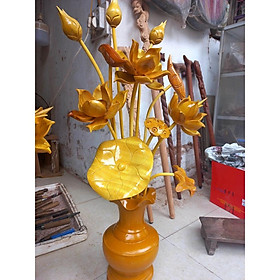 Bình hoa sen bằng gỗ xà cừ kt bình cao 30×16cm + hoa sen= tổng cao 80cm