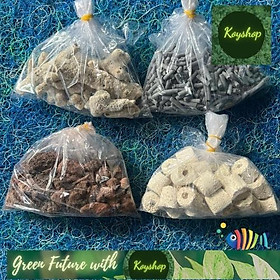 Combo 100g Combo 4 Loại Vật Liệu Lọc Hồ Cá: Than Hoạt Tính +Sứ Trắng +- San Hô+ Nham Thạch =100G
