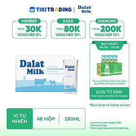 [05-09.08 QT Đơn Từ 999K] Thùng 48 hộp sữa tươi tiệt trùng Dalatmilk vị tự nhiên 180ml