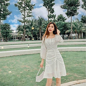 Váy cổ vuông nhún ngực tay dài xinh tươi ivy.fashion đi biển dự tiệc dạo phố bigsize gợi cảm sexy