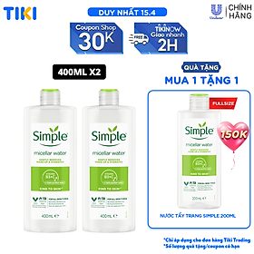 Combo 2 Nước tẩy trang Simple Micellar làm sạch 99% trang điểm, cho da thoáng mịn tức thì 400ml x2