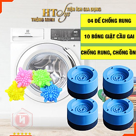 COMBO 4 ĐẾ CHỐNG RUNG MÁY GIẶT + 10 BÓNG GIẶT CẦU GAI QUẦN ÁO HT SYS