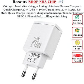 Cốc sạc nhanh siêu nhỏ gọn chân tròn Baseus Compact Quick Charger 20W (USB + Type C Dual Port, 20W PD/QC 3.0 Multi Quick Charge Support) dùng cho Samsung / Xiaomi/ Huawei/ OPPO / iPhone/iPad......Hàng chính hãng