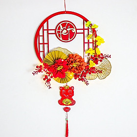 Mua Vòng hoa tết H70  vòng quả đỏ hoa mai đào trang trí tặng kèm đèn