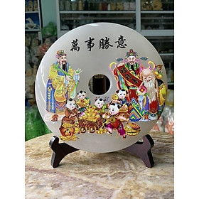 Mua Đồng Tiền  Đồng Điếu Đá Bạch Ngọc Vẽ Tam Đa (Phúc Lộc Thọ) - đường kính 18cm