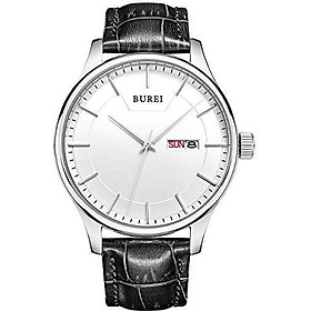 BUREI Men Fashion Quartz Wrist Watch Analog Display with Day Date Window Rose Gold Stainless Steel Case Brown Leather Strap