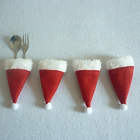 4pcs Red Christmas Flannel Santa Hat Wine Bottle Topper Cover Tableware Bags