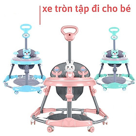 Xe tròn tập đi cho bé baby walk - xe dụng cụ tập đi có cán đẩy điều chỉnh cao thấp có nhạc,đèn - hồng phai,có tay đẩy