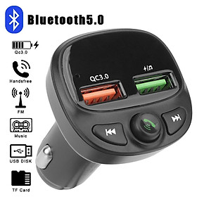 Tẩu sạc hai cổng USB Bluetooth 5.0 QC 3.0 có đèn LED hỗ trợ thẻ nhớ TF/ máy nghe nhạc MP3 rảnh tay cho xe hơi