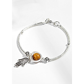 Vòng Tay Bạc 1 Hạt Đá Mắt Hổ Vàng Nâu Phối Charm Bàn Tay Hamsa Bạc Ngọc Quý Gemstones