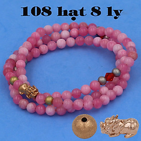 Vòng chuỗi 108 hạt đá hồng ngọc 8 ly size lớn charm tỳ hưu inox vàng hồng, vòng chuỗi niệm Phật, vòng chuỗi đeo tay