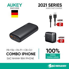 Combo Pin Sạc Dự Phòng Aukey 10.000 mAh PB-Y36, Cốc Sạc Nhanh PA-F1, Cáp C To Lightning CB-CL - Hàng Chính Hãng