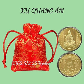 Đồng Xu Phật Quan Âm Bình An May Mắn Tặng Hộp nhung, Móc Khóa, Túi Gấm Phong Thuỷ May Mắn