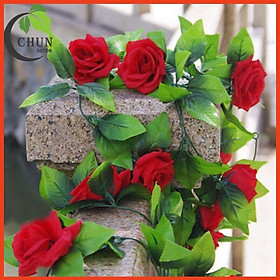 Hoa giả, Hoa hồng dây leo 2.4m gồm 9 bông hoa trang trí đám cưới, xích đu, ban công, sửa sổ, làm giỏ hoa treo tường