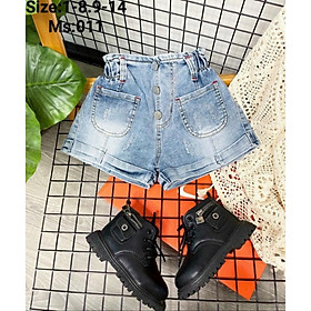 Quần đùi lưng cao cho bé gái phối đồ sành điệu size 12-38kg chất jeans co giãn mềm mát