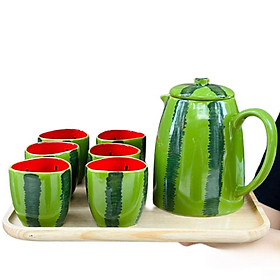 Bộ bình nước bình trà gốm Bát tràng hoạ tiết dễ thương hình hoa, dưa hấu - Bình 1 lít + cốc 180ml - Gốm sứ Bát tràng - Dưa hấu