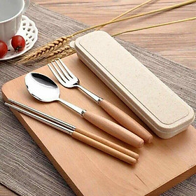 Mua Set thìa đũa rĩa inox cán gỗ kèm hộp - bộ thìa đũa mang cơm văn phòng. du lịch