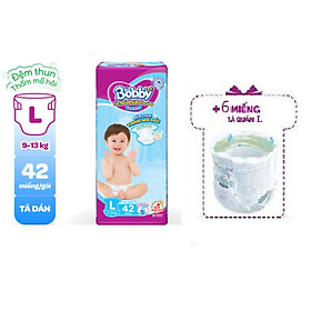 Tã Dán Bobby Siêu Mỏng Thấm Gói Lớn L42 (TẶNG 1 GÓI 6 MIẾNG TẢ QUẦN CÙNG SIZE)