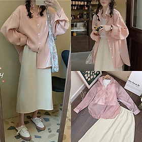 ĐẦM SET ÁO SƠ MI TAY DÀI HỒNG PASTEL + CHÂN VÁY DÀI MIDI CHỮ A + ÁO 3 LỖ ĐI TIỆC NOEL DẠO PHỐ ĐI CHƠI ĐI BIỂN