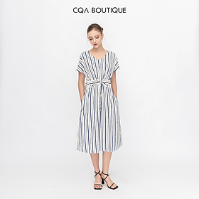 Đầm Nữ Dài Thắt Dây Eo Cổ V CQA0063 Kẻ Sọc Xanh