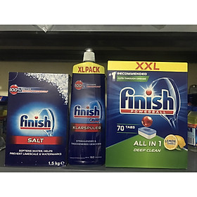 Combo Viên rửa Chén finish all in one 70 viên+Dung dịch Nước làm bóng finish 750ml +Muối rửa chén finish 1.5kg cho Máy rửa bát