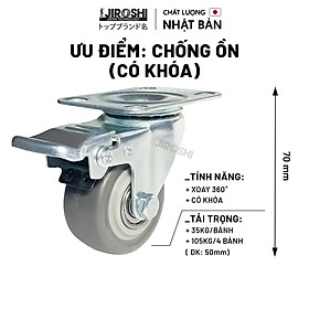 Bánh xe đẩy hàng cao su TPR chống ồn xoay 360 có khóa, có ổ bi, 50mm.