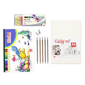 [Tặng ấn phẩm vẽ] Bộ giấy, màu vẽ cơ bản Hồng Hà | Vở, giấy vẽ A4, 5 bút chì gỗ có tẩy và hộp 16 màu phấn dầu Pentel PHN-16 61185