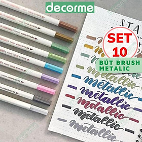 Bút brush metalic DecorMe bút viết calligraphy ngòi soft brush sign pen bộ