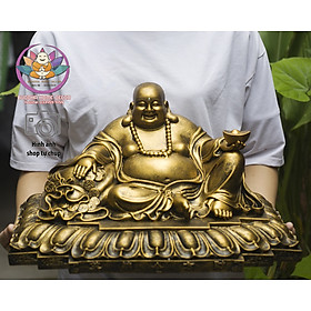 Tượng Phật Di lặc ngồi bao tiền đế sen ngang 44cm x cao 25cm chất liệu Composite bền đẹp chắc chắn