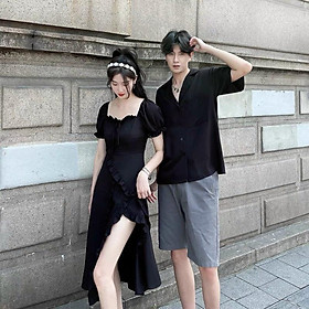 Set áo đôi sơ mi đầm xẻ tà màu đendành cho couple phong cách Hàn Quốc