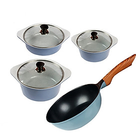 Combo 4 món, nồi đúc ceramic cao cấp 20 cm, 22 cm, 24 cm, chảo 28 cm sâu lòng dùng được bếp từ
