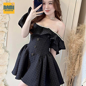 Đầm xoè trễ vai nhúng bèo tay phồng kết đá Nanami chất liệu bố karo form dáng tiểu thư xinh xắn điệu đà nổi bật- ATNU063