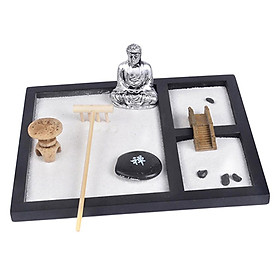 Miniature Zen Garden Sand Box Tray for Relaxation Meditation Silver Buddha