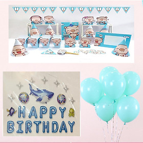 Bộ 8 món để bàn chủ đề LỢN XANH và 2 sét trang trí trí sinh nhật cho bé gái giao chữ HAPPY BIRTHDAY ngẫu nhiên (Quà tặng cho bé là 2 đôi đũa trẻ em dài 20cm)