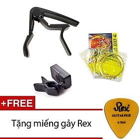 Bộ 3 phụ kiện guitar Capo PBA05BK Đen+ Dâyguitar acoustic A406+Máy lên dây +Tặng pick gảy