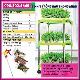 Bộ Kit trồng rau mầm 3 khay, 3 tầng bao gồm: Giá đỡ có 4 bánh + 3 Khay trồng + 200g Hạt giống + Vòi xịt nước.