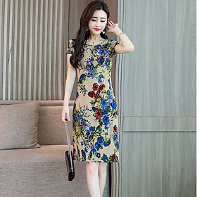 Đầm suông nữ hoa lá, đầm trung niên mặc hè AH110