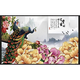 Mua tranh phong thuỷ chim công hoa mẫu đơn dán tường 3d. tranh in vải lụa kèm keo